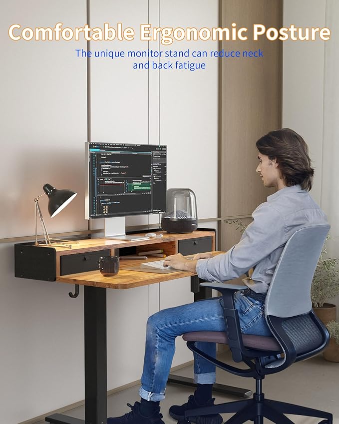 YIHAYO Electric Standing Desk with Drawers, 55 x 24 Inches Adjustable Desk with Storage Shelf, Stand Up Desk with Splice Board, Computer Table for Home Office, Black Frame/Rustic Brown Top