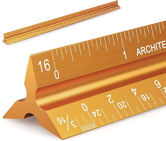 12" Architectural Scale Ruler Aluminum Architect Scale Triangular Scale Ruler for Architects, Draftsman, Students and Engineers, Golden