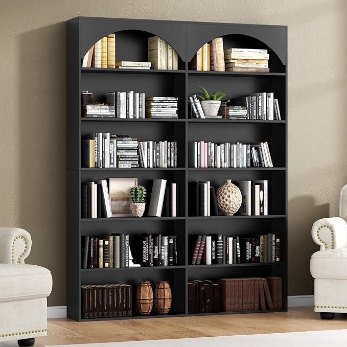 70.8’’ Tall Bookshelf and Bookcase, 7-Tier Double Wide Bookcase Modern Large Open Display Shelves with Curved Baffle for Home Office Living Room (Black)
