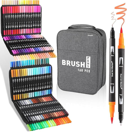 168 Colors Brush & Fine Dual Tip Watercolor Markers Set for Kids Adults Coloring Books No Bleeding Paint Pens For Drawing Note taking Planner Calligraphy Journaling Card Making Art Supplies