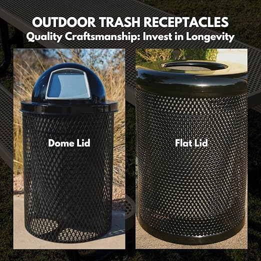 32-Gallon Heavy-Duty Punched Steel Round Trash Receptacle, Commercial Outdoor Waste Bin with Liner & Black Dome Lid – Made in America (Textured Copper)