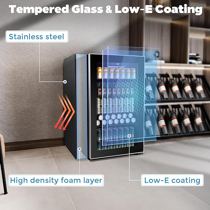 Kndko Beverage Refrigerator Cooler - 130 Can Mini Fridge with Adjustable Shelves, Glass Door, Digital Temperature Control, LED Lighting, Energy Efficient for Home, Office, Bar - 3.2 Cu.Ft, Black