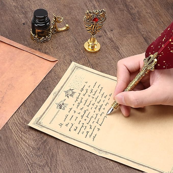 Junhartt Quill Feather Pen and Ink Set, Calligraphy Pen Glass Dip Pen and Wax Seal Stamp Kit (Navy Blue)