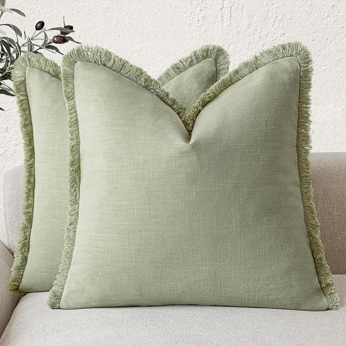 Foindtower Set of 2 Decorative Fringe Throw Pillow Covers Boho Farmhouse Cushion Cover with Tassels Soft Accent Pillowcase for Couch Sofa Bed Living Room Home Decor,20×20 Inch,Light Sage Green