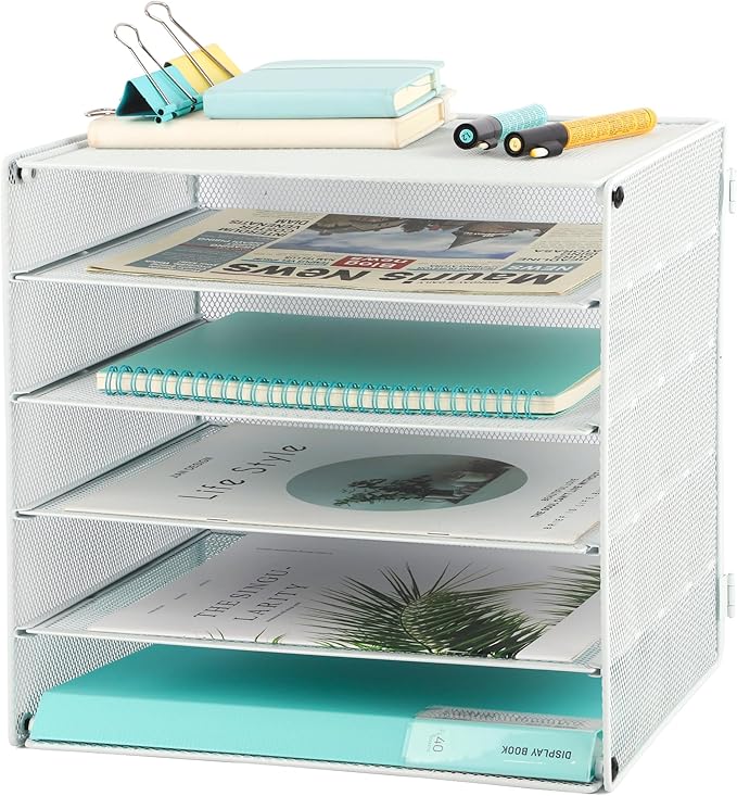 EASEPRES 5 Slot Mesh Desk Organizer Tray, File Paper Letter Folder Holder Desktop Paper Sorter Mail Organization Rack Storage Accessories, for Office Home School Classroom, White