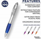 DISCOUNT PROMOS Personalized Ballpoint Pens With Rubber Grip, 100 pack Customizable Ergonomic Click-to-Write Custom Writing Pens for School with Black Ink, Blue