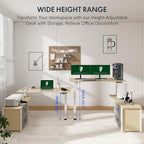 FLEXISPOT 55" L Shaped Standing Desk with Drawers and Shelves, Large Corner Stand Up Desk with Headphone Hooks for Home Office, Light Wood Grain Top+ White Frame