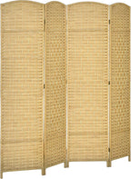 HOMCOM 4 Panel Room Divider, 6' Tall Folding Privacy Screen, Hand-Woven Freestanding Wood Partition for Home Office, Bedroom, Nature Wood