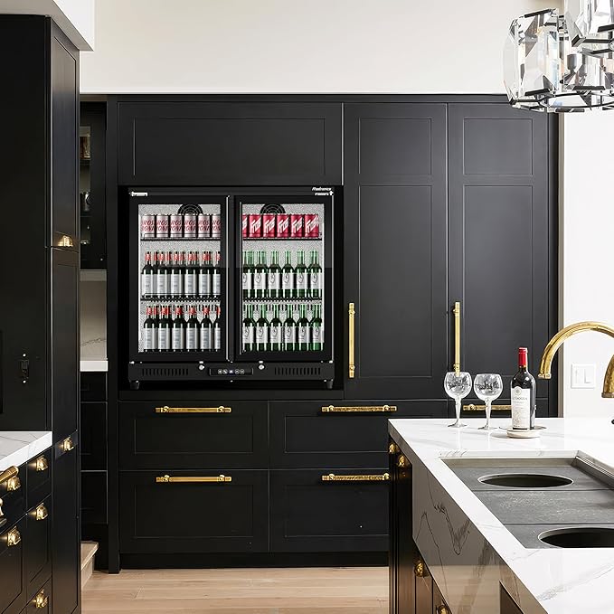 36 inch 206 cans Duo Hinged Door Back Bar Beverage Cooler, 6.75 cu. ft. Under Counter Glass Door Bar Fridge with hinged doors, lockable, 32-50°F Display Refrigerator, ETL Certified, Black