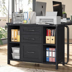 Vabches File Cabinet with 3 Drawers, Farmhouse Lateral File Cabinet Fits Files Letter/A4 Size, Wooden Filing Cabinet with Adjustable Shelves Printer Stand for Home Office, Black
