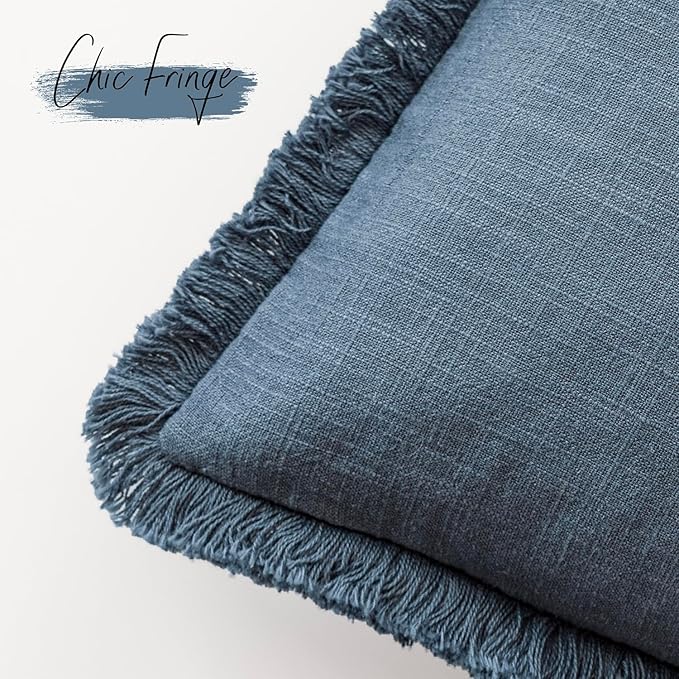 Foindtower Set of 2 Decorative Linen Fringe Lumbar Throw Pillow Covers Farmhouse Cushion Cover with Tassels Soft Accent Pillowcase for Couch Sofa Bed Living Room Home Decor,12×20 Inch,Dark Blue