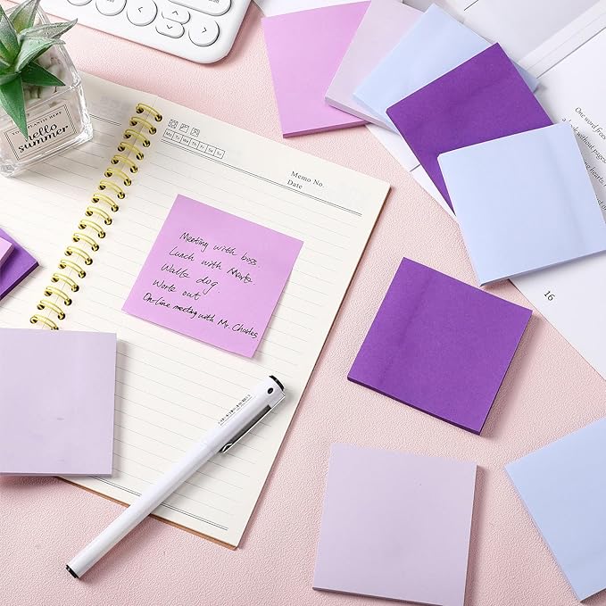Thenshop 12 Pads Purple Sticky Notes 3''x3'', Self Stick Notes Pads Purple Office Supplies, Vintage Aesthetic School Accessories 50 Sheets/pad