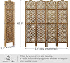 68.9Inch Folding Room Divider, 4 Panels Wood Carved Privacy Screens - Ideal Decorative Partition for Home, Office, Restaurant, Bedroom (Dark Brown)