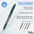 DISCOUNT PROMOS Custom Langham Ballpoint Pens Set of 10, Personalized Bulk Pack - Black Ink, Great for Office, School, Business, Tradeshows - Hunter Green