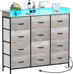 Welfuturer Dresser for Bedroom with 12 Drawers LED Dressers & Chests of Drawers Charging Station Fabric Dresser Storage Organizer Unit for Hallway Entryway Closets Sturdy Steel Frame Wood Top Gray