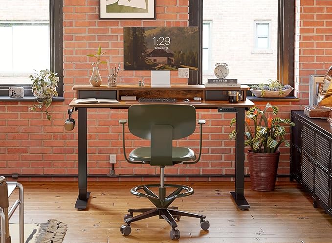 FEZIBO 55''x 24'' Height Adjustable Electric Standing Desk with Double Drawer, Home Office Computer Desk with 4 Height-Adjustable Feets & 2 Hooks, Rustic Brown