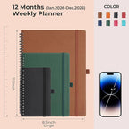 IN-LUXPRO Planner 2026 Daily Weekly and Monthly,11.5"x8.5",12 Months Spiral Bound Calendar Agenda with Self-adhesive Pen Holder,2026 Appointment Book with Vegan Leather Soft Cover,Brown