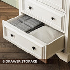 VVFLU Farmhouse 6 Drawer Dresser, 48" Tall White Dresser with Natural Texture & Metal Handles, Storage Drawer Chest for Bedroom, Living Room, Hallway, Vintage Design (Antique White)