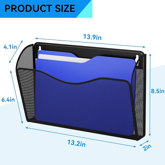 GDINDINFAN 3 Single Pocket Wall File Holder, Mesh Hanging File Folder Paper Organizer, Vertical Wall Mounted Mail Basket, Storage Organization Magazine Rack for Office, Home and School, Black