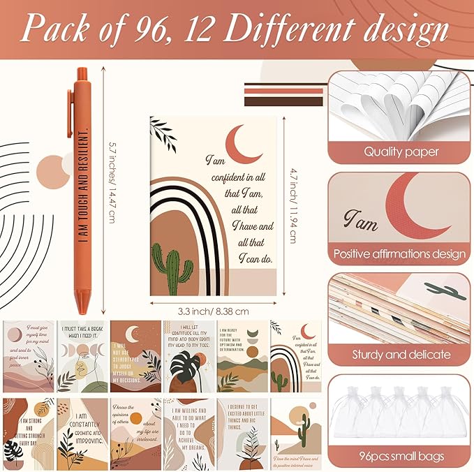 96 Set/192 Pcs Positive Affirmation Gift Set Gratitude Notebooks with Pens Small Bags Motivational Encouragement Notepads Daily Affirmations Journal for Women Stress Relief Self Care (Rainbow)