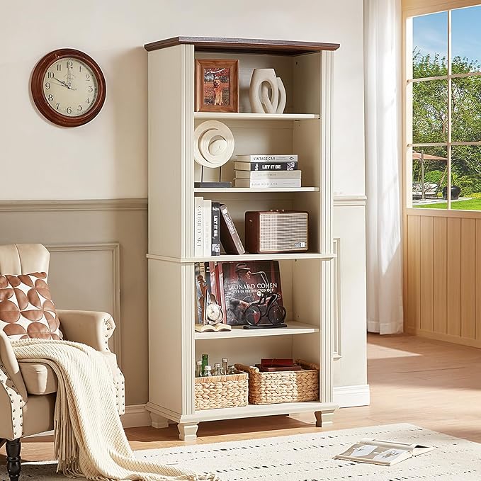 70" Tall White Bookshelf,5 Tier Wood Book Shelf with Adjustable Shelves & Wood Legs,Free Standing Farmhouse Bookcase with Open Display Storage,Vintage Kids Bookshelves for Nursery,Bedroom