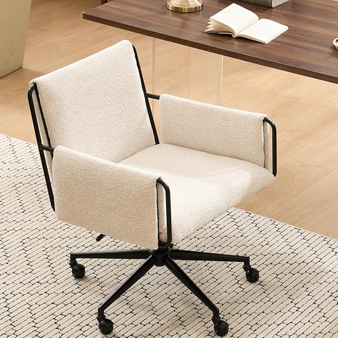 Kidol & Shellder Office Desk Chair with Arm, Swivel Adjustable Height with Wheels Comfortable Wide Seat for Home Office, Bedroom, Makeup Room, Beige