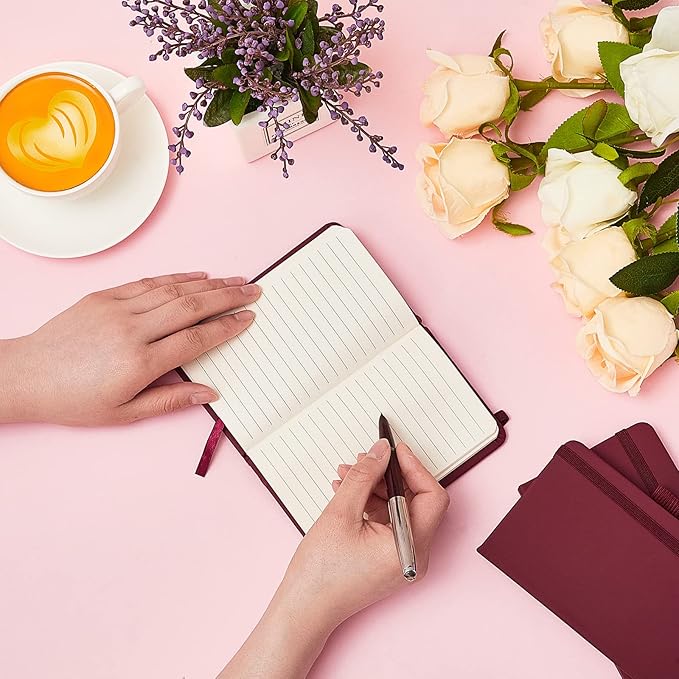 40 Pieces Small Notebooks A6 Pocket Journals 3.5 x 5.5 Inch Small Leather Notebook Mini Ruled Lined Journal with Elastic Band Pen Holder Page Marker Ribbons (Wine Red)