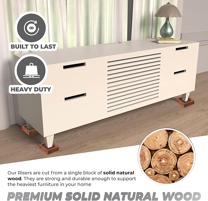Bed Risers, Furniture Risers (Set of 8-Height 1") Can be Adjusted to 2'' 3''or 4'', Lifts Furniture Risers, Solid Natural Wood Risers, Non-Slip Recessed Hole (Square-Light Brown Color)