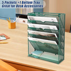 EASEPRES 6 Tier Desk File Organizer, Mesh Hanging Wall Mount Document Organization Stand, Desktop Vertical Mail Paper Folder Holder Rack with Bottom Tray for Office Cubicle, Sides Closed, Dark Green