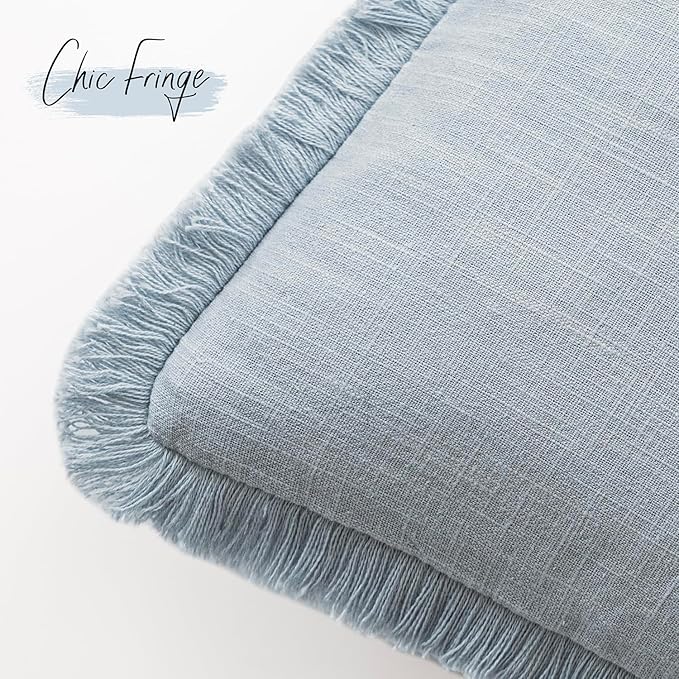 Foindtower Set of 2 Decorative Linen Fringe Throw Pillow Covers Boho Farmhouse Cushion Cover with Tassels Soft Accent Pillowcase for Couch Chair Sofa Bed Living Room Home Decor,20×20 Inch,Sky Blue