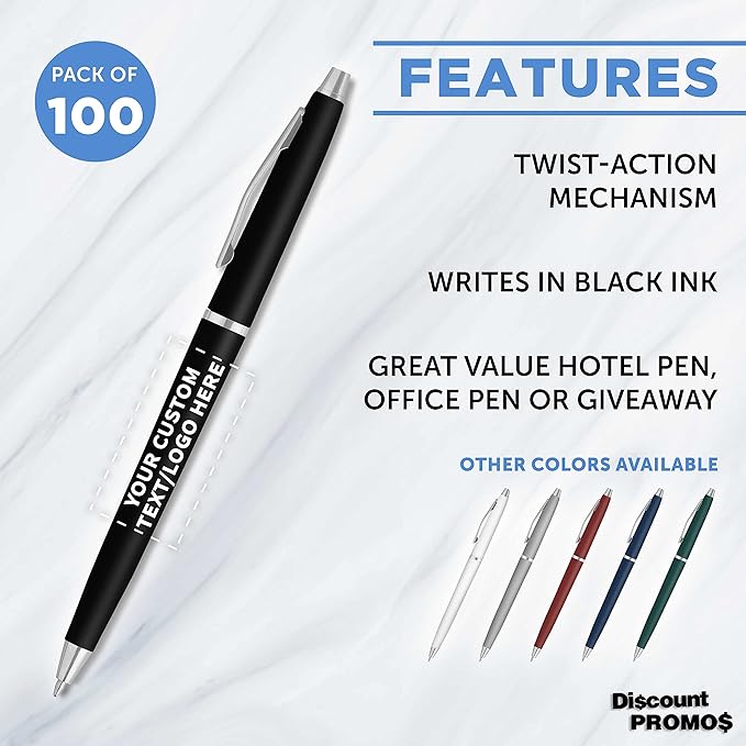 DISCOUNT PROMOS Custom Langham Ballpoint Pens Set of 100, Personalized Bulk Pack - Black Ink, Great for Office, School, Business, Tradeshows - Black