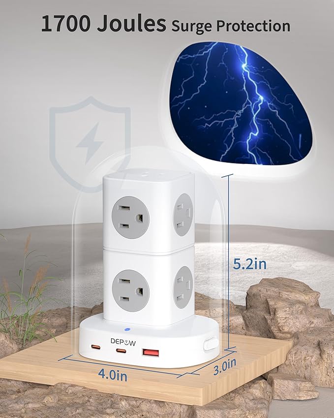 2 Prong Power Strip, 2 to 3 Prong Outlet Adapter with 9 Outlets 3 USB Ports (2 USB C), 1700J Two Prong Surge Protector, 5FT Power Strip Tower, Wall Mount for Old House Non-Grounded Outlets