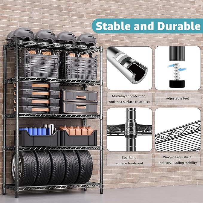 M MZG 1750 lbs Steel Storage Shelving 5-Tier Utility Shelving Unit Steel Organizer Wire Rack for Home,Kitchen,Office,Garage, 1750 LBS Capacity 17.7" D x 47.2" W x 72.3" H