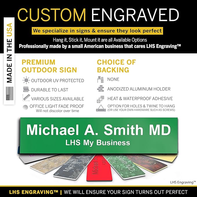 Custom Name Plate with Choice of Mounting for Walls, Doors, Cubicles, Hanging and More - Personalized Green Plastic White Letters - USA Made 2x10 - B6