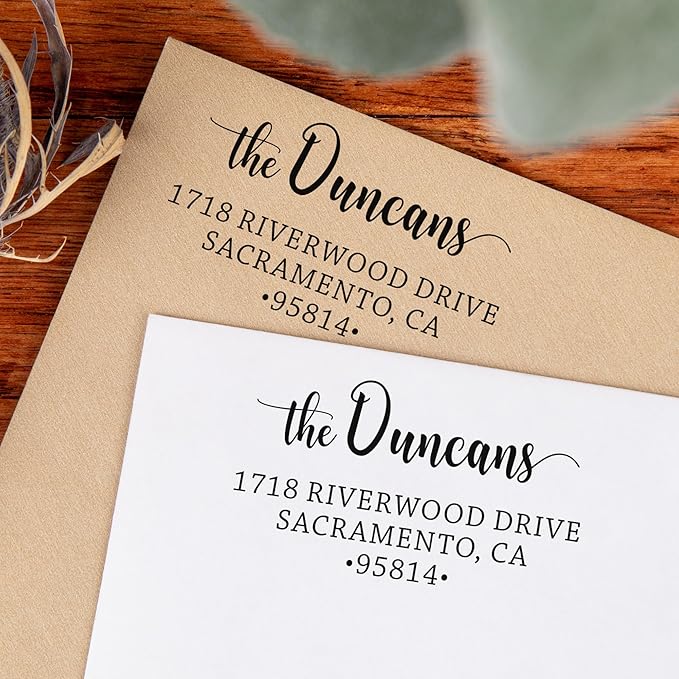 The Duncans Personalized Self-Inking Address Stamp | Envelope Return Address Stamp for Couples and Families | Custom Rubber Address Stamp (2, Wood Handle)
