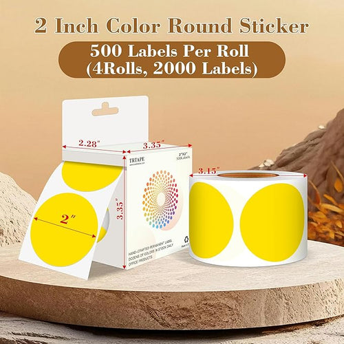 2 Inch Color Coding Round Labels (2000Pcs, 4 Rolls) - Round Colored Dot Stickers for Inventory, Pantry, Warehouse Organization - Yellow Circle Dot Labels