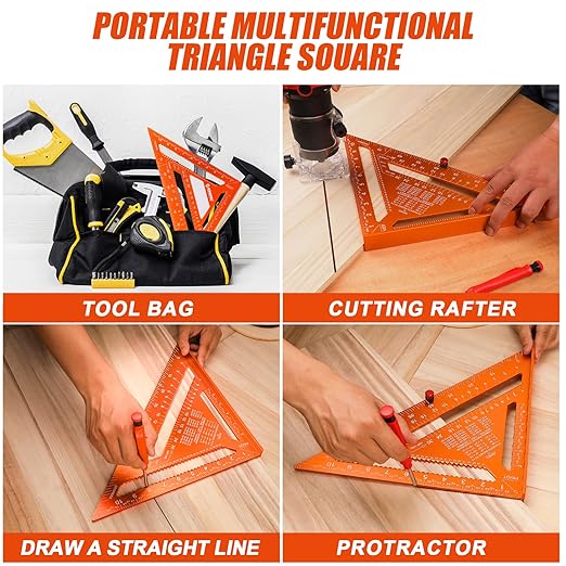 2pcs Rafter Square, 12-inch & 7-inch Carpenter Sqaure Set with Woodworking Pencil, Carpenter Measuring Layout Tool, Aluminum Alloy Triangle Ruler for Woodworking- Imperial