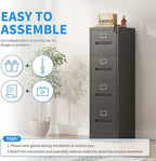 Yukimo 4 Drawer File Cabinet, Vertical File Cabinet with Lock, Metal Locking Filing Storage Cabinet for Home Office, Hanging Files for A4/ Legal/Letter, Assembly Required, Black