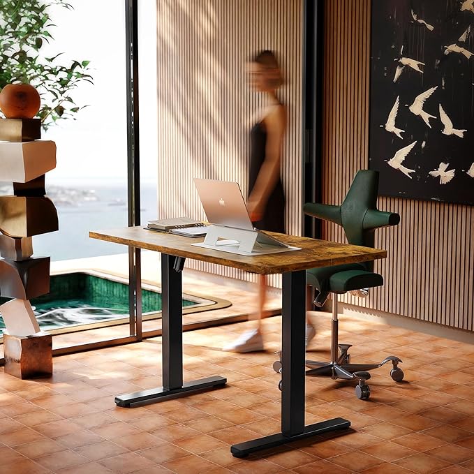 HUANUO 48" x 24" Electric Standing Desk Adjustable Height, 4 Memory Height Settings, Headphone Hook, Cable Manager, Sit Stand Up Desk for Home Office & Computer Workstation, Vintage Brown