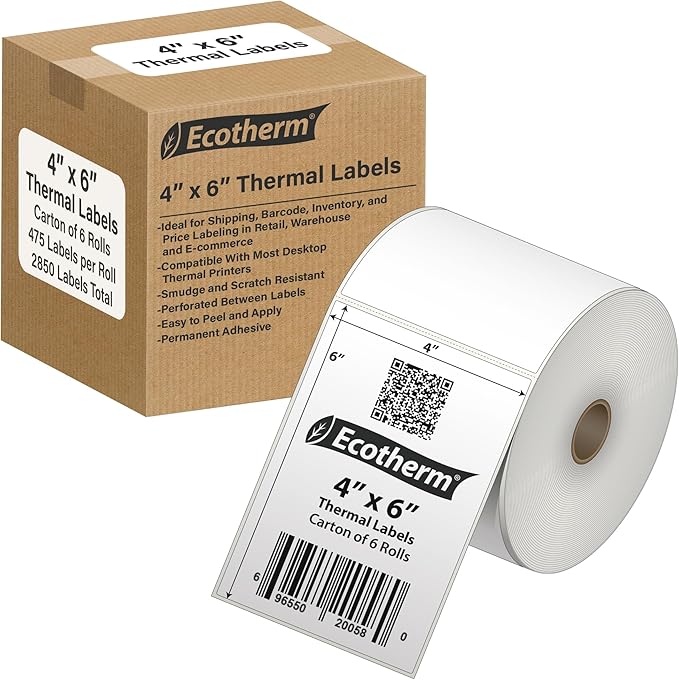 4" x 6" Thermal Labels | 6 Rolls | 2850 Labels | fits Zebra, Munbyn, Rollo, Godex, Arkscan, iDPRT, Offnova Thermal Label Printers and More | Blank White Adhesive Stickers by Ecotherm