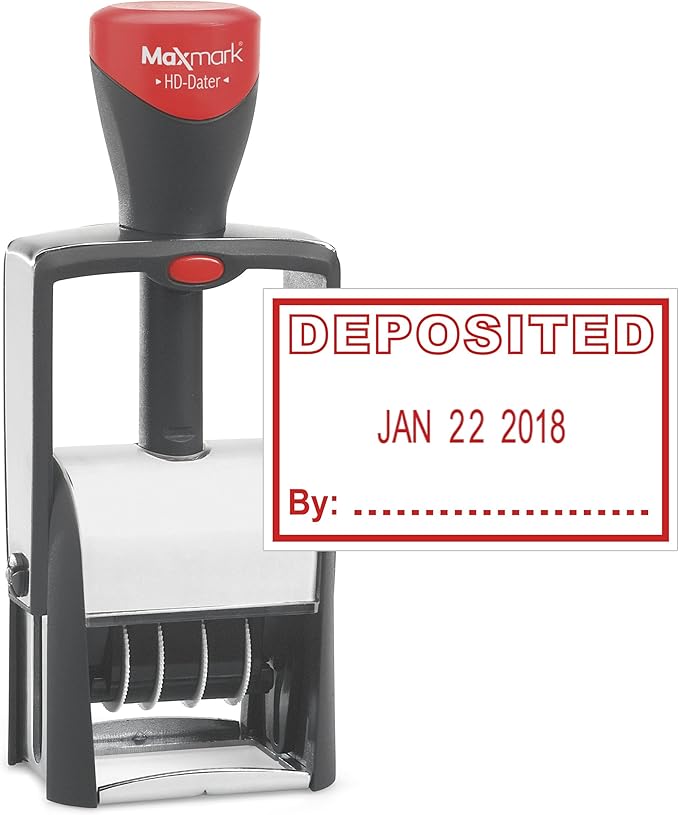 MaxMark Heavy Duty Self Inking Date Stamp with Phrase Deposited - Red Ink