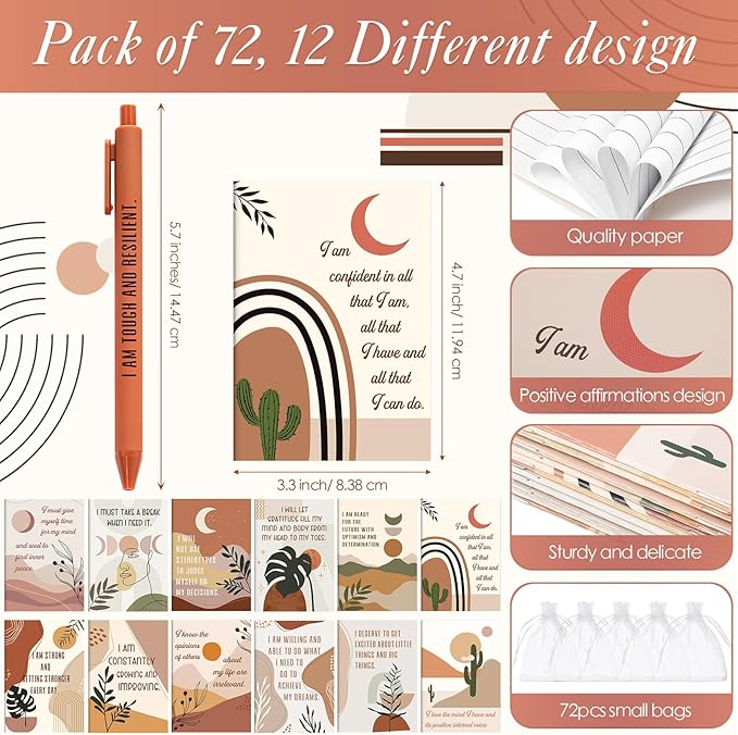 72 Set/144 Pcs Positive Affirmation Gift Set Gratitude Notebooks with Pens Small Bags Motivational Encouragement Notepads Daily Affirmations Journal for Women Stress Relief Self Care (Rainbow)