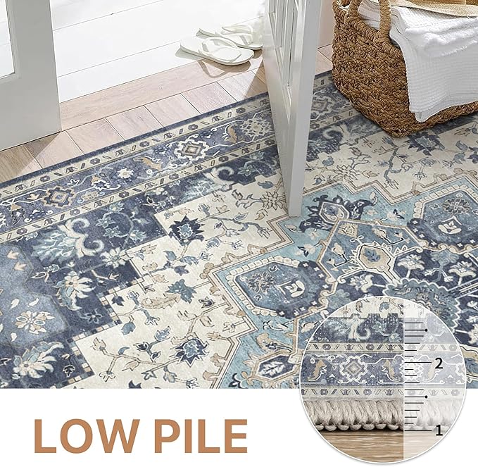 GENIMO 8x10 Area Rugs for Living Room, Machine Washable Non Slip Vintage Rugs, Low Pile Lightweight Chenille Print Rug for Bedroom, Dining Room, Home Office, Center Blue