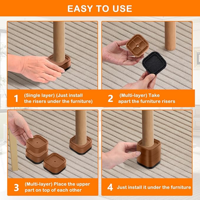 shouwuhho 8 Pack Furniture Risers Adjustable Bed Risers Heavy Duty Lifts Height 1", Square Stackable Bed Risers 1, 2 or 3 Inch for Desk Leg Table Couch Sofa Chair Bed Frame Legs Dorm, Brown
