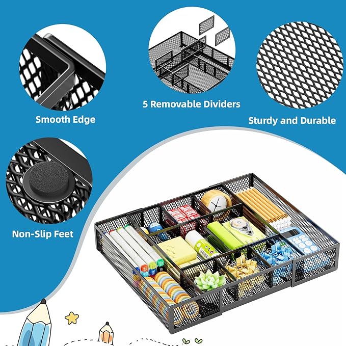 Marbrasse Expandable Desk Drawer Organizer, Mesh Drawer Organizer Tray with 10 Adjustable Compartments, Desk Organizers and Accessories, 5 Dividers Drawer for Office Supplies, Makeup & Vanity (Black)