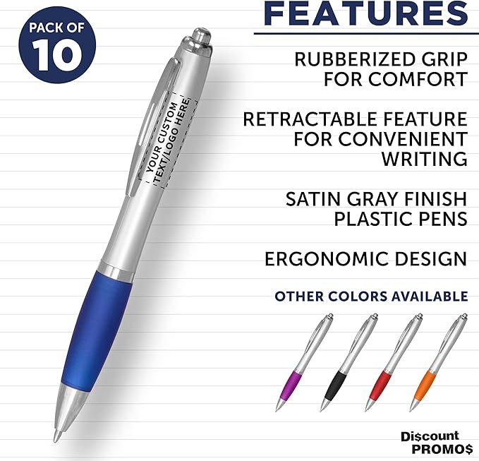 DISCOUNT PROMOS Personalized Ballpoint Pens With Rubber Grip, 10 pack Customizable Ergonomic Click-to-Write Custom Writing Pens for School with Black Ink, Blue