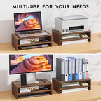 BONTEC Wooden Monitor Stand Riser, 2-Tier Desk Shelf with Storage Organizer, Ergonomic Computer Stand with Cable Management, Cellphone Holder, Walnut, 16.5 Inch
