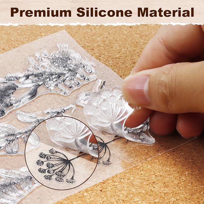 UCEC 4 Sheets Clear Stamps Set for Card Making and 2 Pcs Acrylic Stamp Block, Vintage Plants and Flowers Rubber Silicone Stamps, Small Clear Stamps for Crafts Decoration and DIY Scrapbooking
