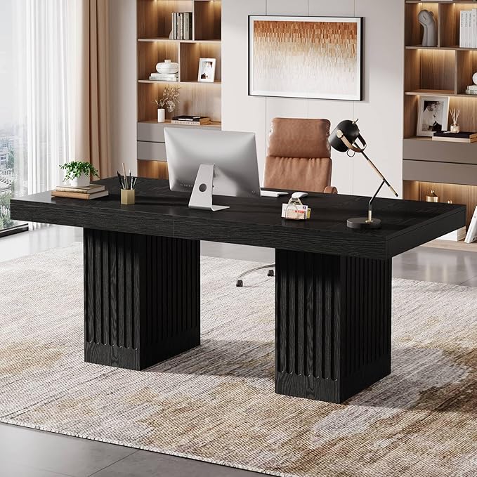 Tribesigns 63 Inch Executive Desk, Modern Office Computer Desk with Heavy Duty Double Pedestal, Large Study Writing Table Business Furniture for Home Office, Black