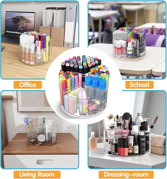 Acrylic Pen Holder, 2 Pack 360 Rotating Organizer With 6 Compartments, Desk Office Storage for 800 Pens, Markers, Crayons and Art Supplies